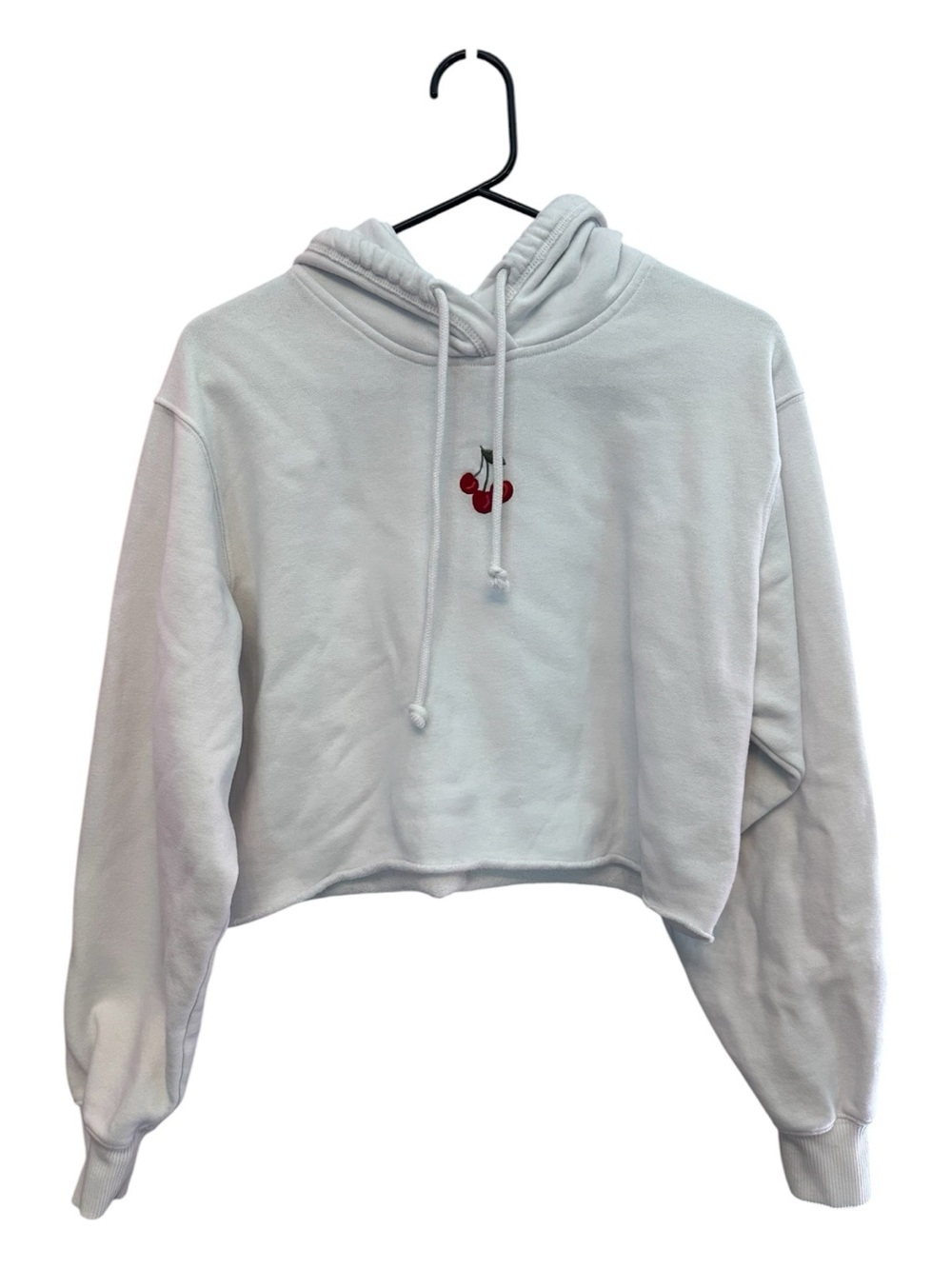Hollister White Cropped Hoodie with Cherry Motif Size XS